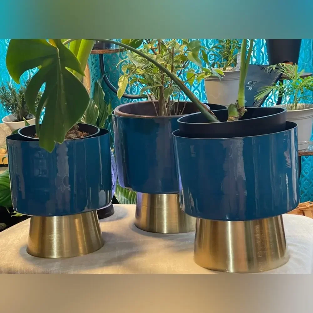 CosmoLiving NEW Blue & Gold Metal Planter 3/SET Modern Home Decor Indoor/Outdoor